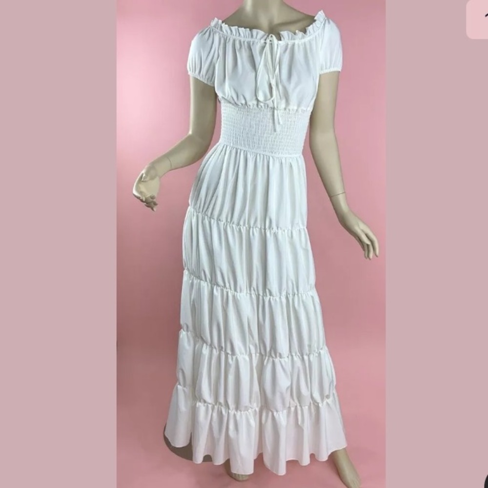 White Smocked Waist Boho Hippie Ruffle Maxi Dress